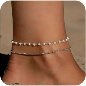 ASCOMY Anklets for Women 14K Gold/Silver Ankle Bracelets Dainty Cute Star Cubic Zirconia Devil's Eye Infinity Charm Pearl Satellite Sparkling Chain Summer Beach Foot Bracelet Jewelry Gifts for Her