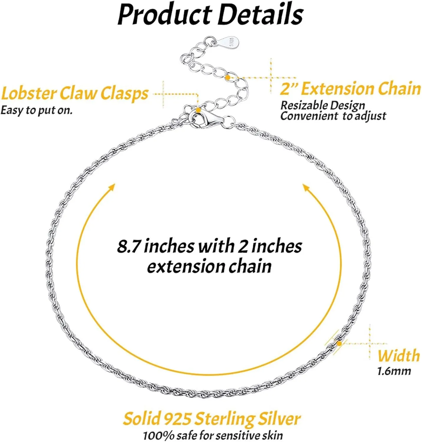 ChicSilver 925 Sterling Silver Ankle Bracelet for Women, Simple Cuban Link/Figaro/Twist Rope Chain Anklets for Beach Party(with Gift Box)