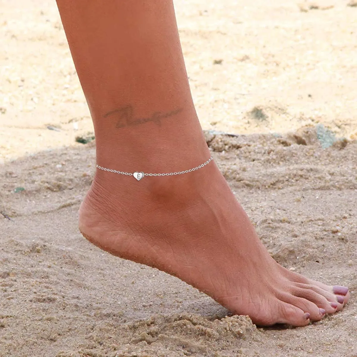 ChicSilver 925 Sterling Silver Initial Anklets for Women Dainty Beach Heart Ankle Bracelet Foot Jewelry-Adjustable Size(with Gift Box)