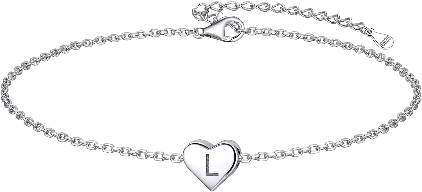 ChicSilver 925 Sterling Silver Initial Anklets for Women Dainty Beach Heart Ankle Bracelet Foot Jewelry-Adjustable Size(with Gift Box)