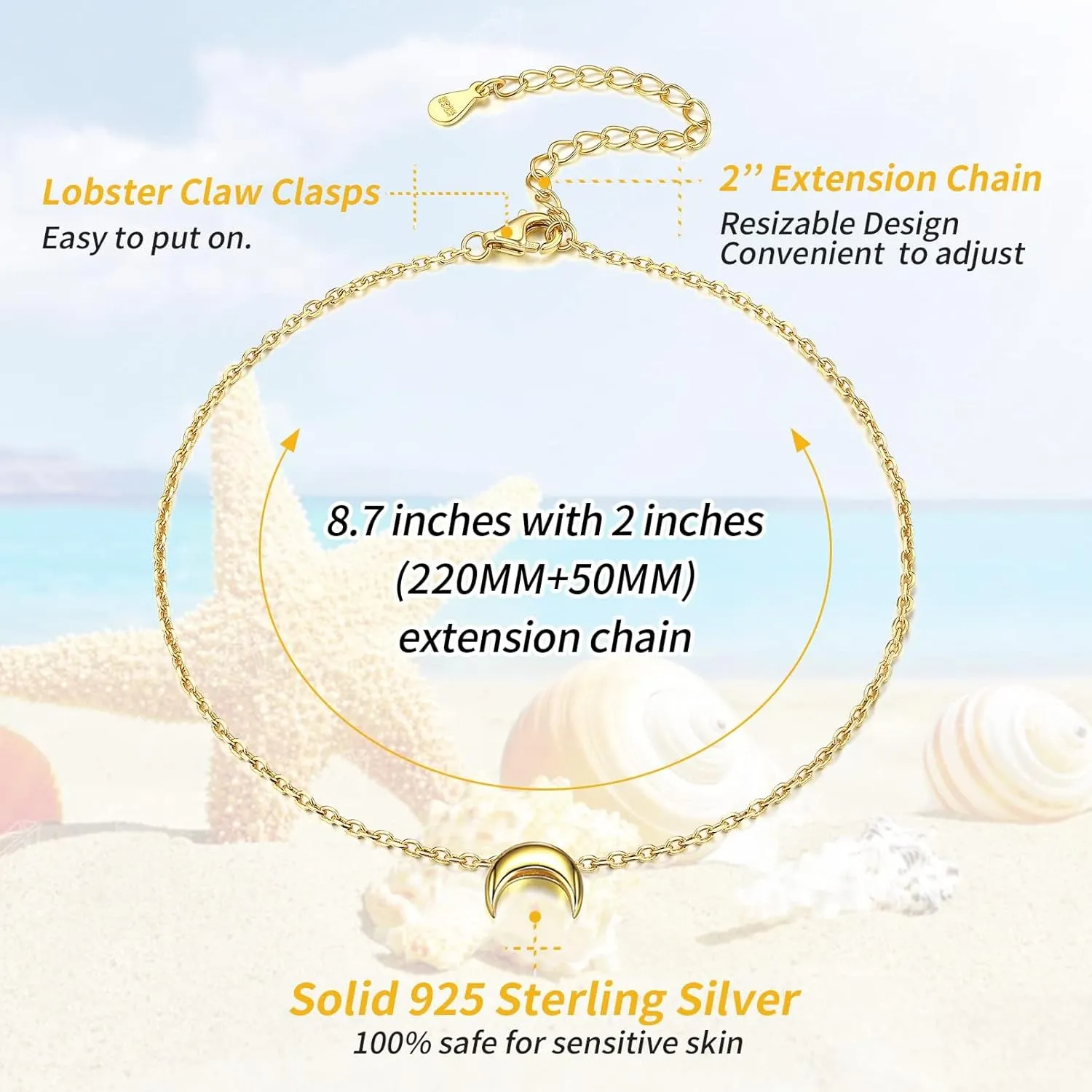 ChicSilver Personalized 925 Sterling Silver Tiny Heart/Moon/Star/Sun/Dot/Triangle Anklets Simple Dainty Foot Jewelry for Women, Silver/Gold/Rose Gold(with Gift Box)
