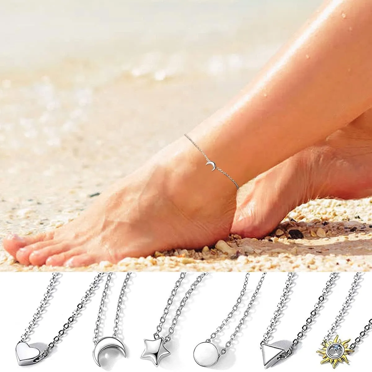 ChicSilver Personalized 925 Sterling Silver Tiny Heart/Moon/Star/Sun/Dot/Triangle Anklets Simple Dainty Foot Jewelry for Women, Silver/Gold/Rose Gold(with Gift Box)