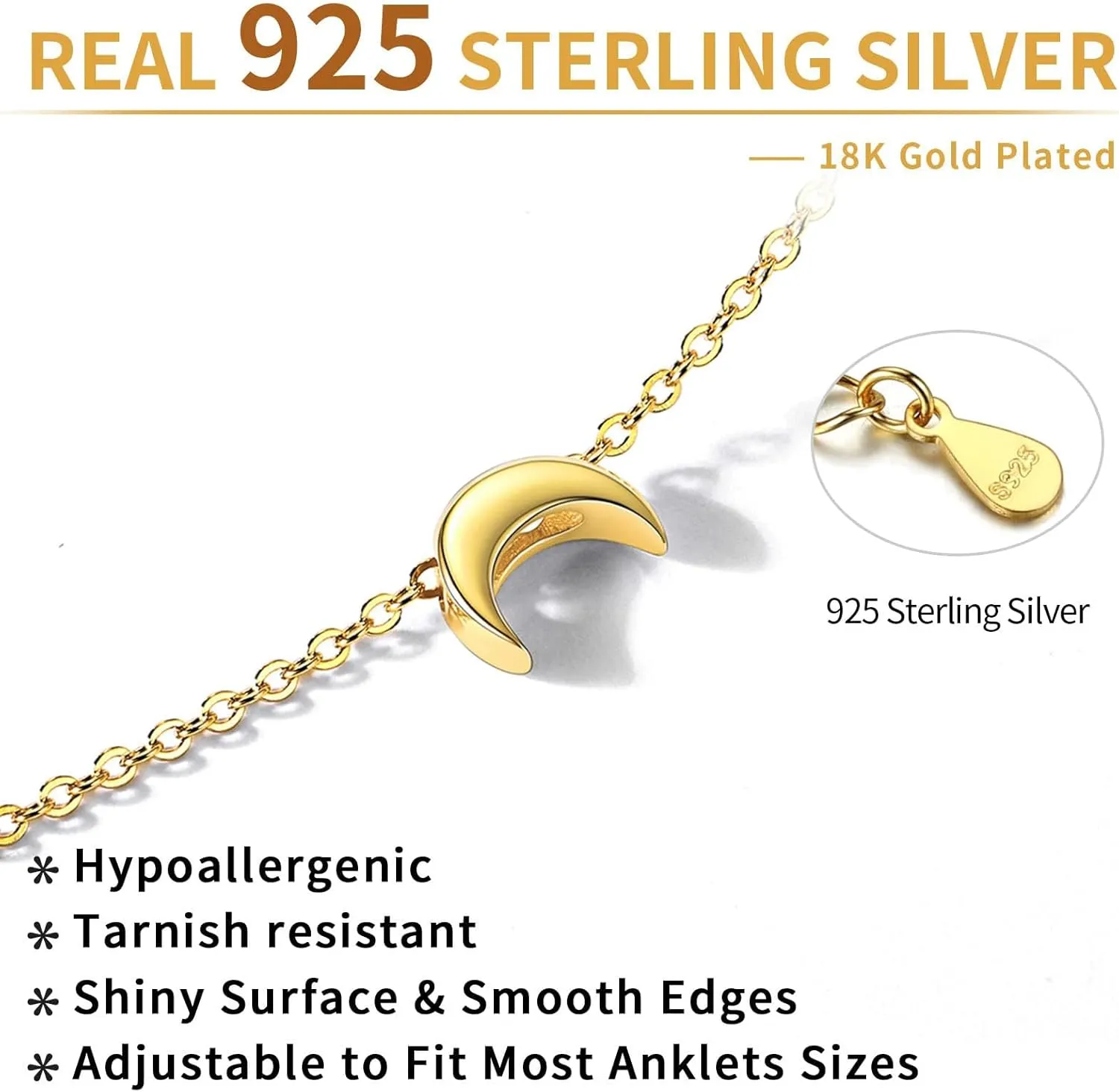 ChicSilver Personalized 925 Sterling Silver Tiny Heart/Moon/Star/Sun/Dot/Triangle Anklets Simple Dainty Foot Jewelry for Women, Silver/Gold/Rose Gold(with Gift Box)