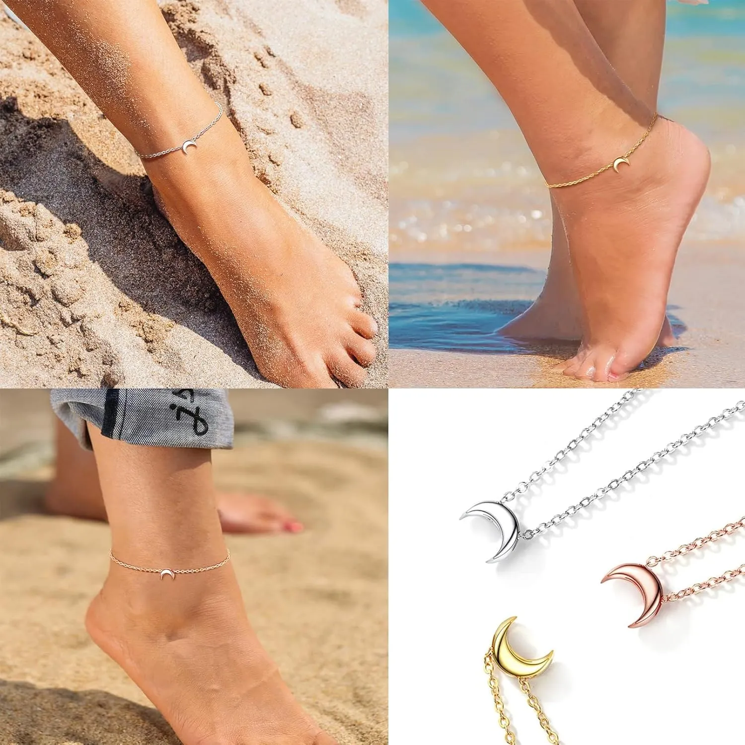 ChicSilver Personalized 925 Sterling Silver Tiny Heart/Moon/Star/Sun/Dot/Triangle Anklets Simple Dainty Foot Jewelry for Women, Silver/Gold/Rose Gold(with Gift Box)
