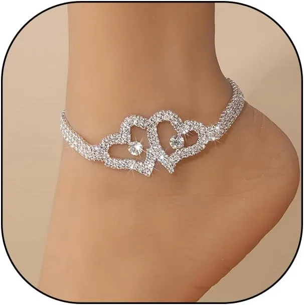 GIGB PBDK Layerd Rhinestone Heart Star Anklets for Women,14K Gold Crystal Star Love Dangle Anklets Party Prom Bohemia Foot Chain Jewelry Gifts