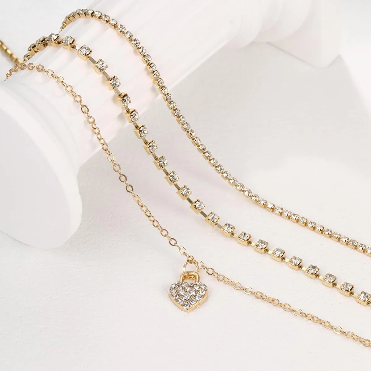 Gold Layered Ankle Bracelet for WomenTennis Chain Simple Chain Beads Anklets Set Zircon Heart Pendant Ankle Bracelet for Women Summer Beach Jewelry