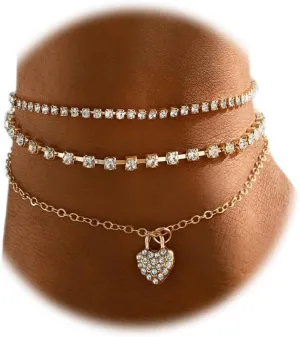 Gold Layered Ankle Bracelet for WomenTennis Chain Simple Chain Beads Anklets Set Zircon Heart Pendant Ankle Bracelet for Women Summer Beach Jewelry