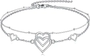 Heart Anklet 925 Sterling Silver Adjustable Charm Chain Layered Anklets Beach Foot Jewelry Gifts for Women
